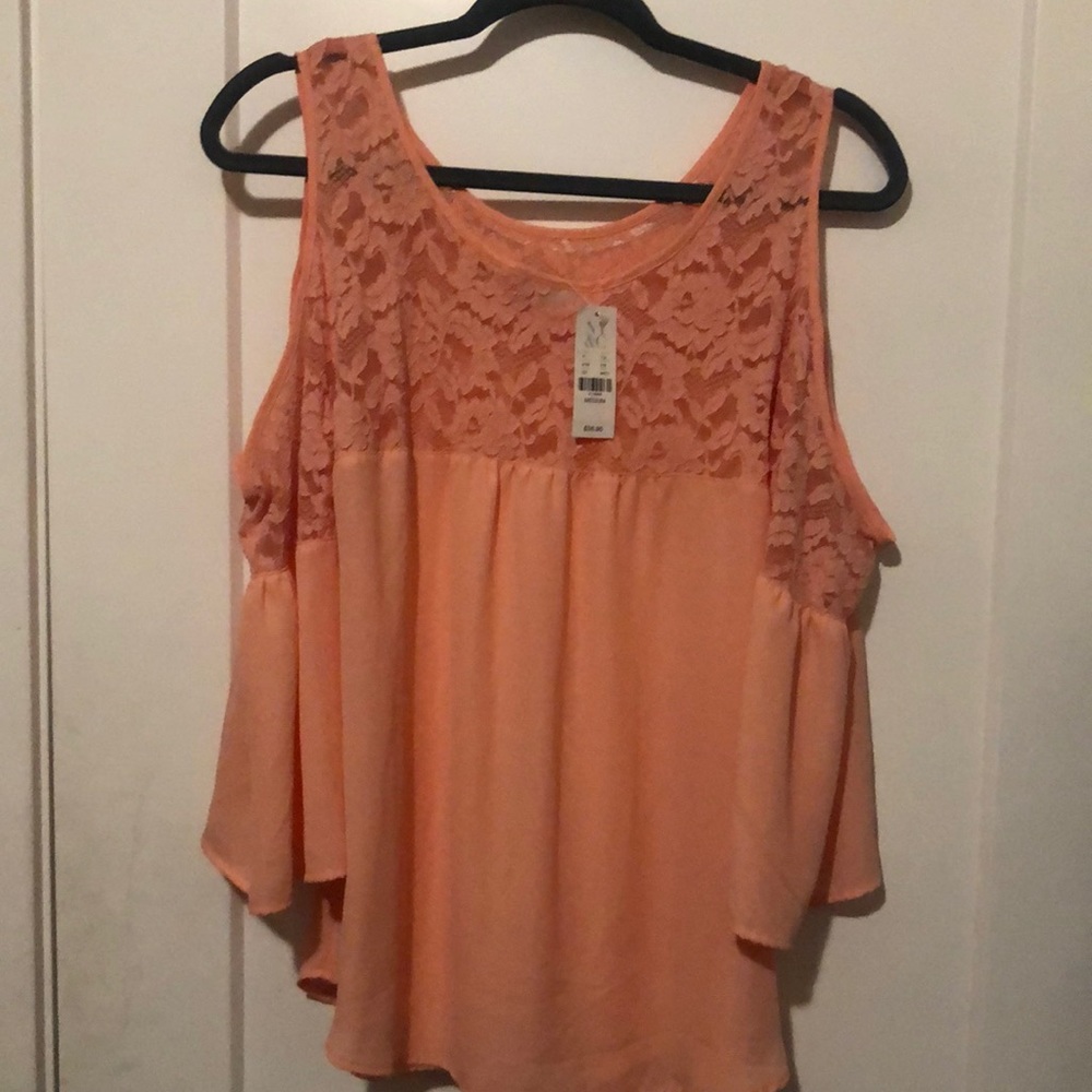 Coral, lace, off shoulder blouse. Never worn.
